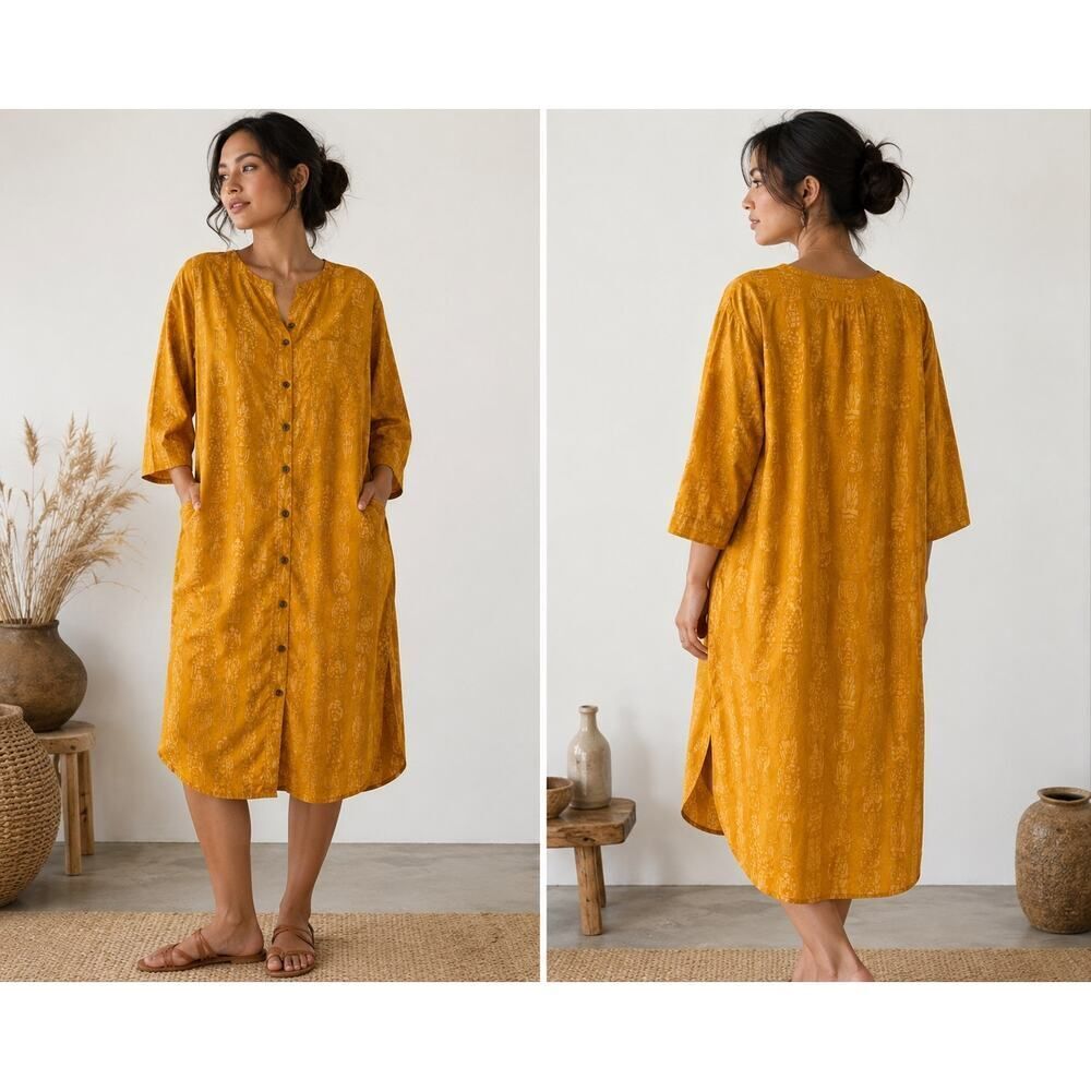 Tonlé Mustard Yellow Botanical Print Tunic Dress Small Sustainable